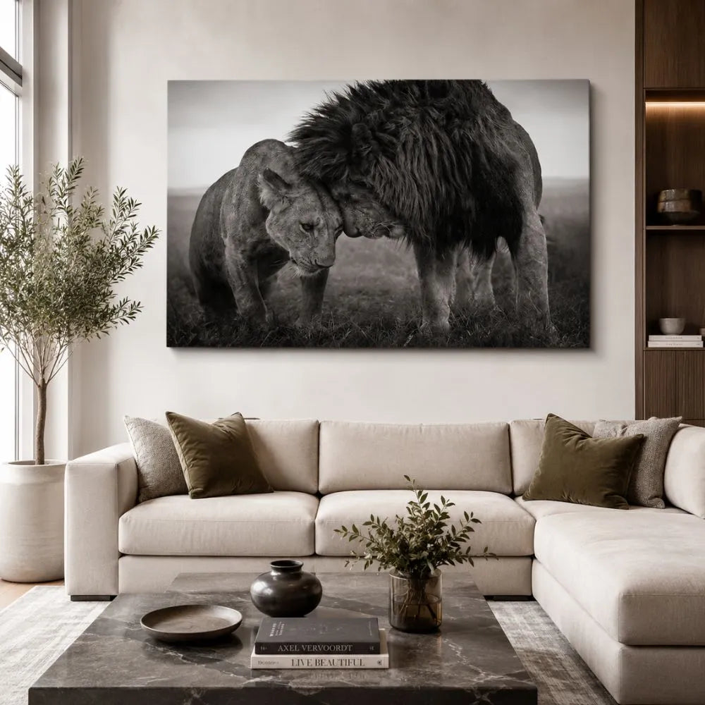 Quadro su tela Leone e Leonessa in bianco e nero in ambiente moderno elegante