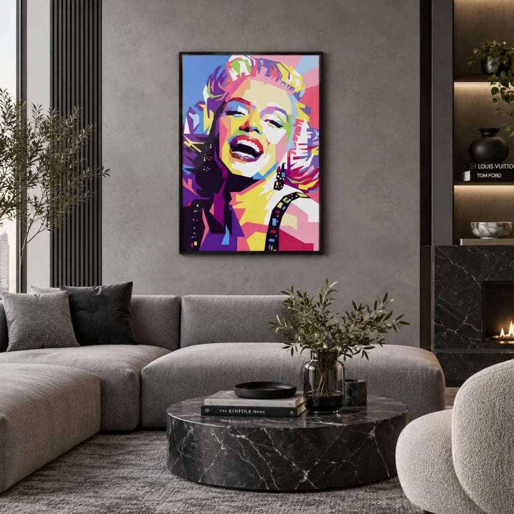Marilyn Monroe quadro moderno su tela con cornice nera minimal del ritratto femminile dai colori vivaci, ideale per soggiorno e arredamento moderno