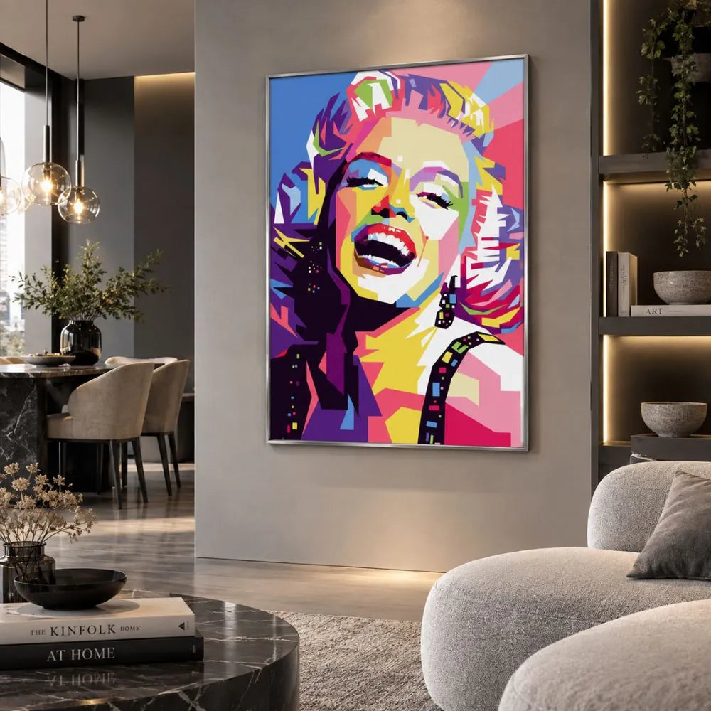 Marilyn Monroe quadro moderno su tela con cornice argento minimal del ritratto femminile dai colori vivaci, ideale per soggiorno e arredamento moderno