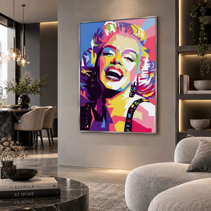Marilyn Monroe quadro moderno su tela con cornice argento minimal del ritratto femminile dai colori vivaci, ideale per soggiorno e arredamento moderno