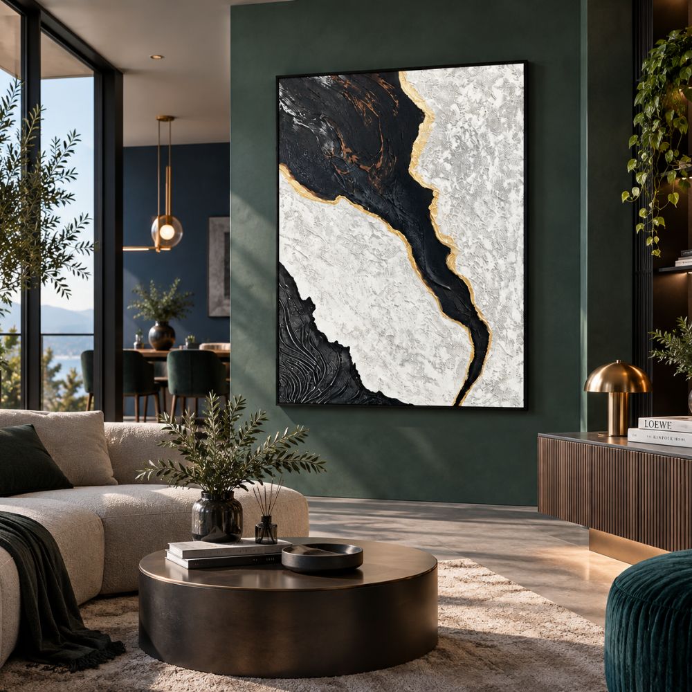 Quadro Marmo Elegante astratto effetto marmo nero, bianco e oro su tela in sala da pranzo moderna