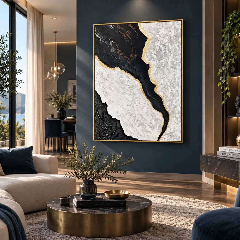 Quadro Marmo Elegante astratto effetto marmo nero, bianco e oro su tela con cornice oro in sala da pranzo moderna