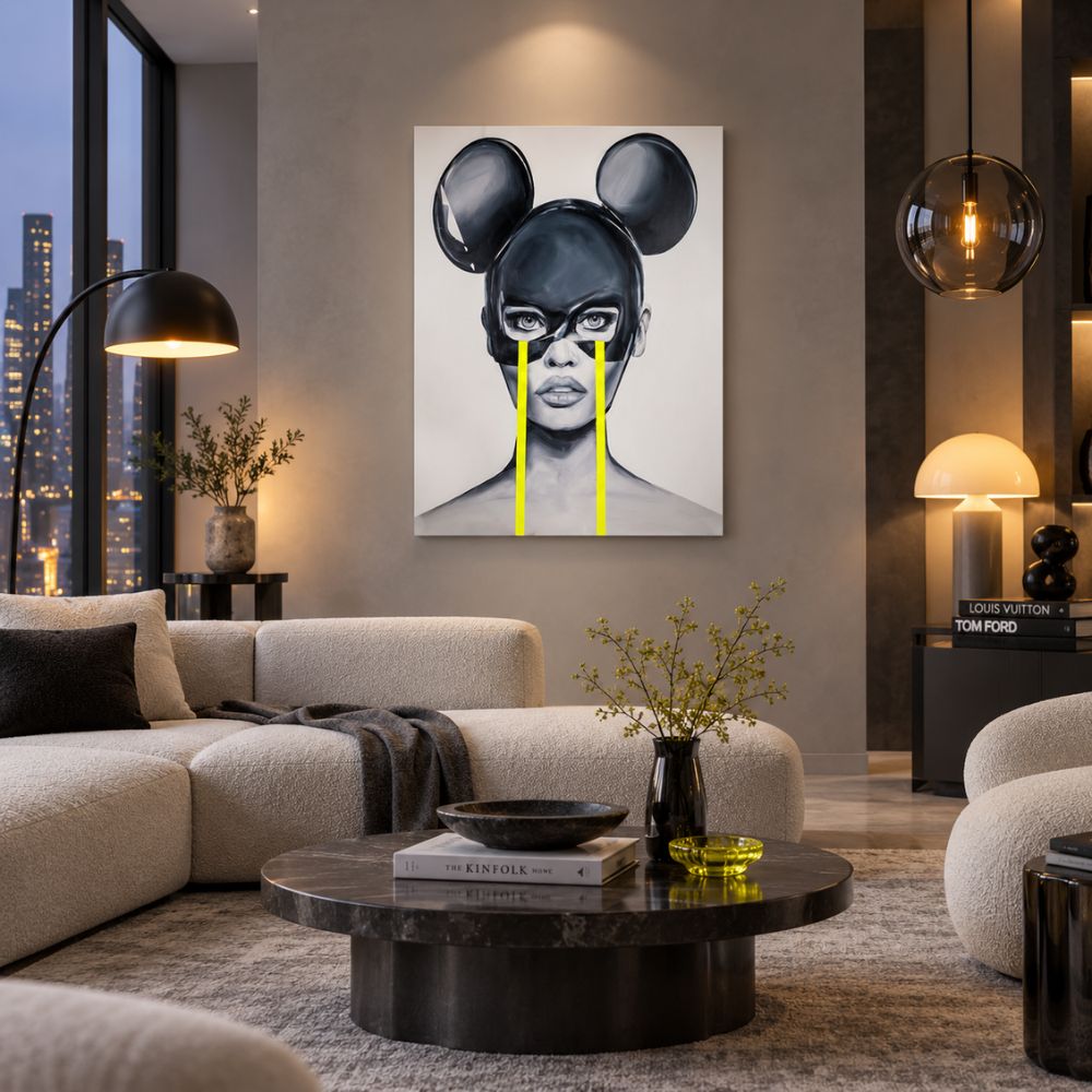 Minnie Woman Pop Art quadro moderno su tela con ritratto femminile in bianco e nero e dettagli giallo neon per soggiorno