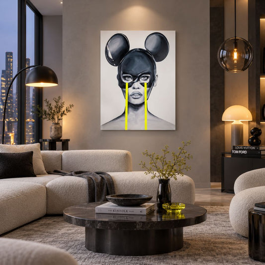 Minnie Woman Pop Art quadro moderno su tela con ritratto femminile in bianco e nero e dettagli giallo neon per soggiorno