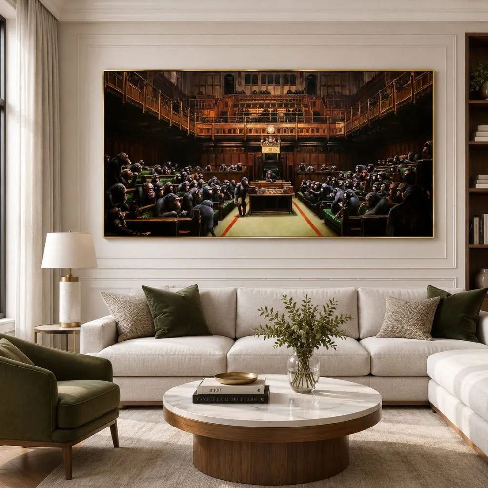 Quadro Monkey Parliament di Banksy, un'opera d'arte che rappresenta una critica sociale con scimmie in una riunione parlamentare, ideale per un tocco di provocazione.