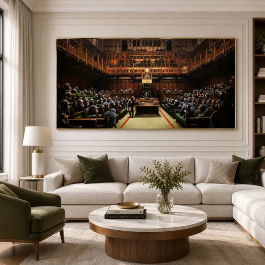 Quadro Monkey Parliament di Banksy, un'opera d'arte che rappresenta una critica sociale con scimmie in una riunione parlamentare, ideale per un tocco di provocazione.