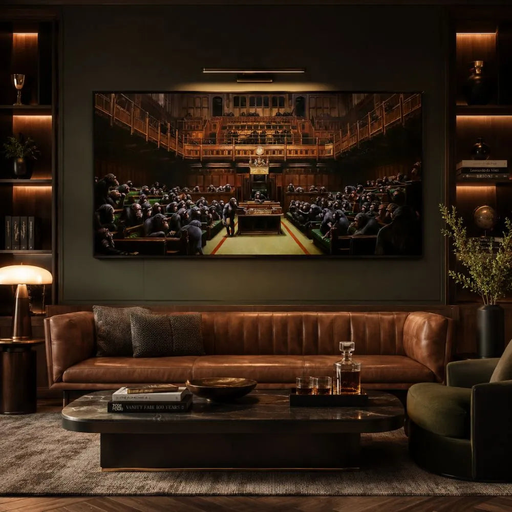 Quadro Monkey Parliament di Banksy, un'opera d'arte che rappresenta una critica sociale con scimmie in una riunione parlamentare, ideale per un tocco di provocazione.