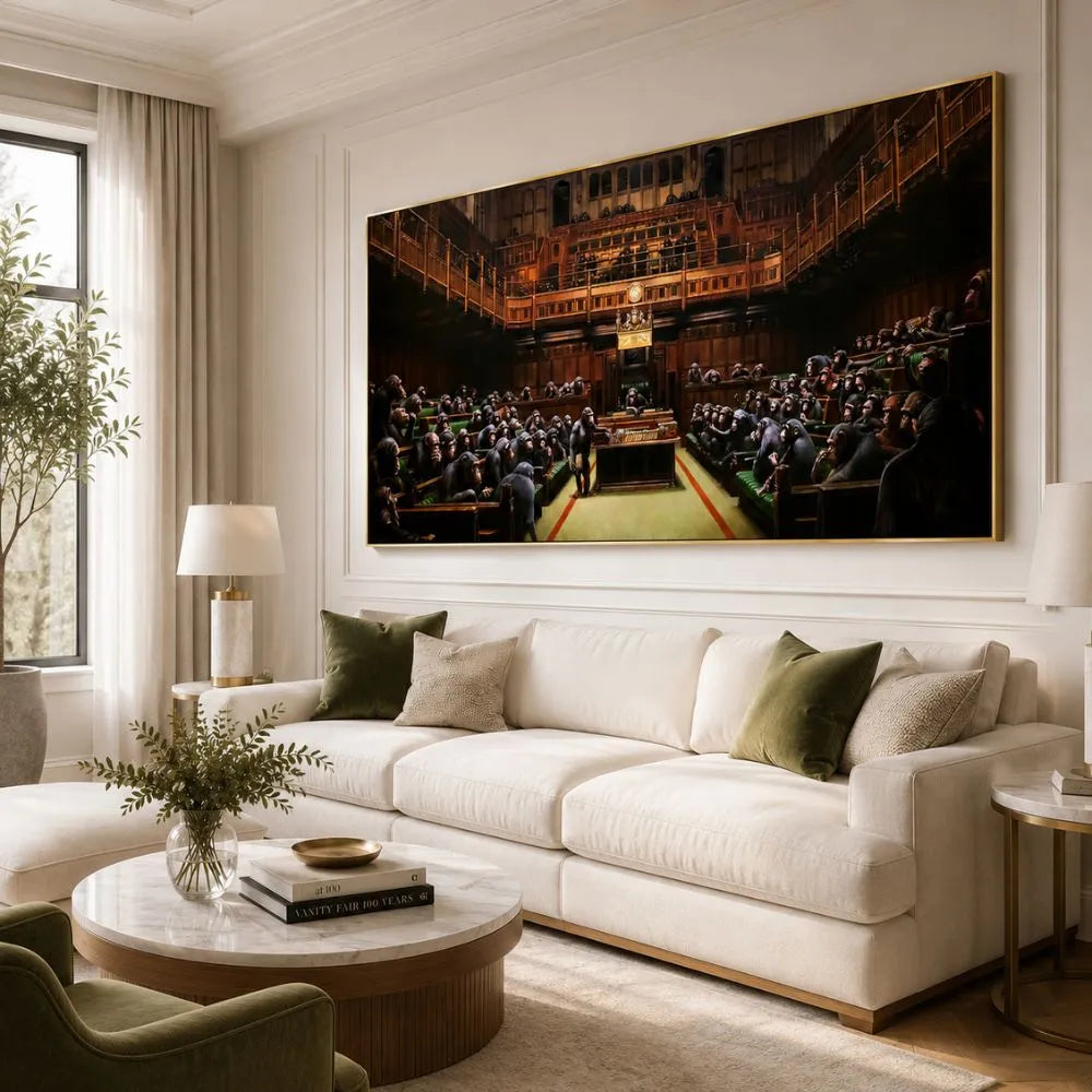 Quadro Monkey Parliament di Banksy, un'opera d'arte che rappresenta una critica sociale con scimmie in una riunione parlamentare, ideale per un tocco di provocazione.
