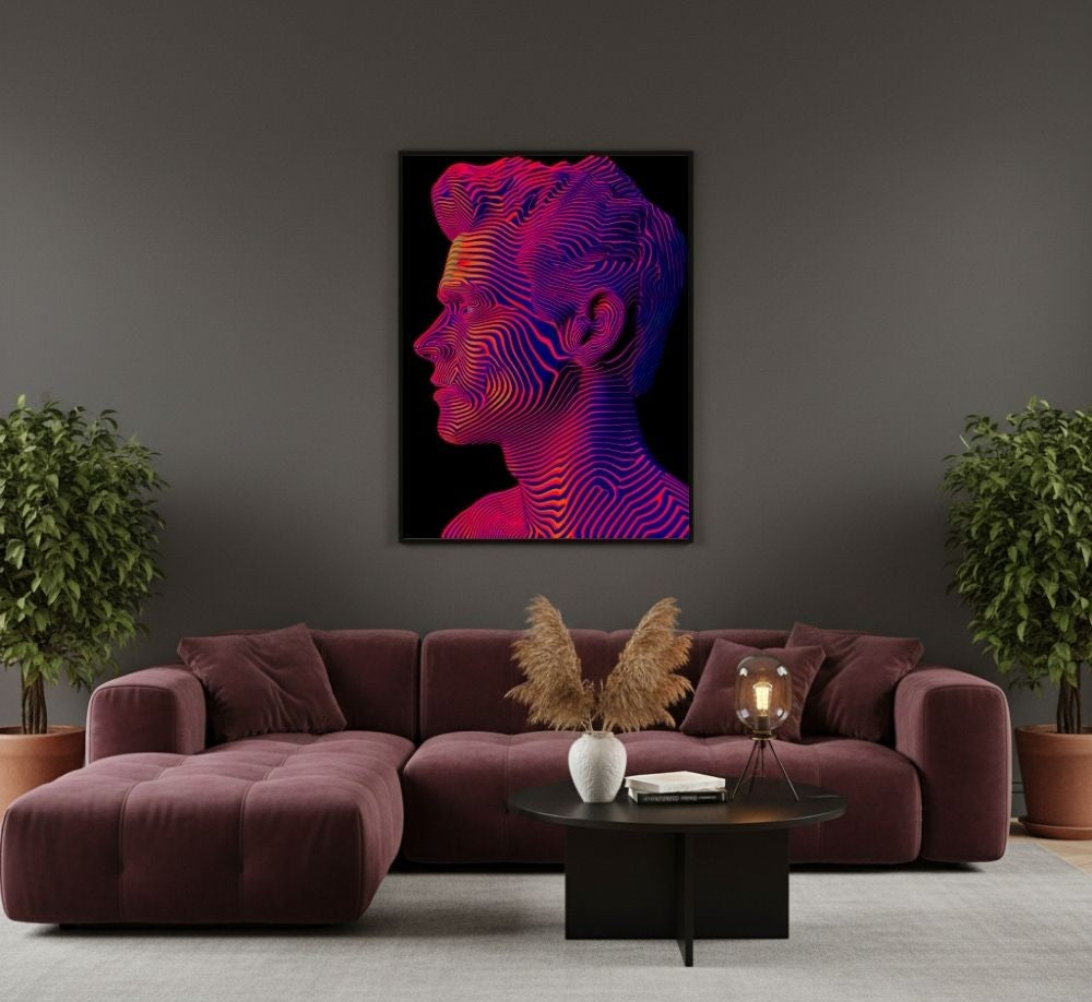 Quadro su tela moderno con profilo maschile effetto neon viola e fucsia su sfondo nero