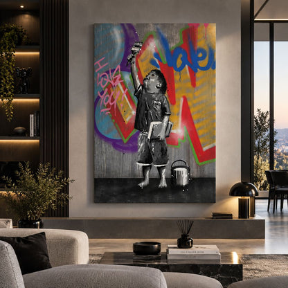Quadro Piccolo Artista con bambino che dipinge graffiti colorati, stampa su tela street art in soggiorno moderno 