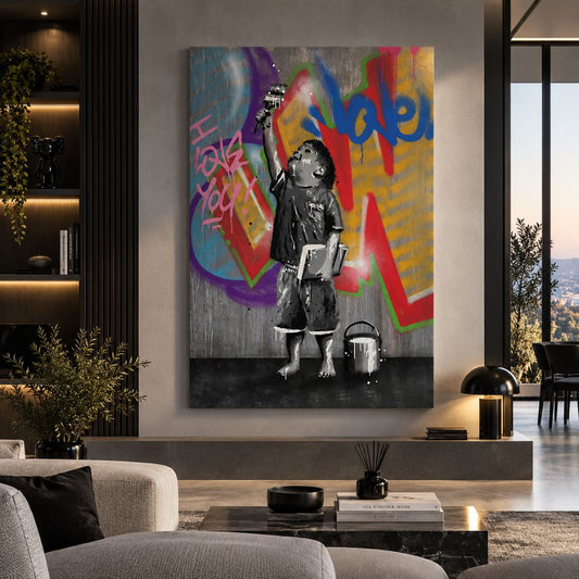 Quadro Piccolo Artista con bambino che dipinge graffiti colorati, stampa su tela street art in soggiorno moderno 