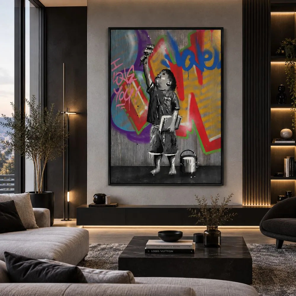 Quadro Piccolo Artista con bambino che dipinge graffiti colorati, stampa su tela street art in soggiorno moderno con cornice nero minimal