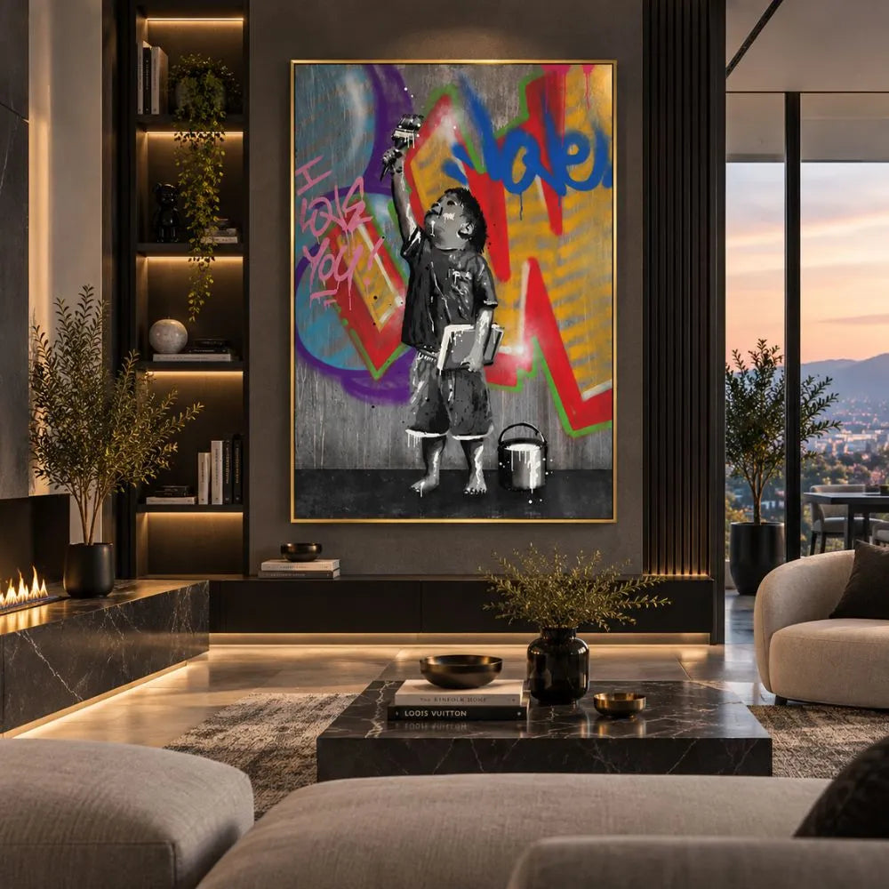 Quadro Piccolo Artista con bambino che dipinge graffiti colorati, stampa su tela street art in soggiorno moderno con cornice oro minimal