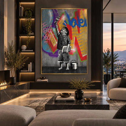 Quadro Piccolo Artista con bambino che dipinge graffiti colorati, stampa su tela street art in soggiorno moderno con cornice oro minimal