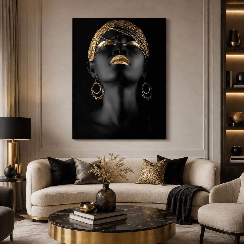 quadro purezza gold stampa su tela volto femminile nero e oro arredamento elegante moderno