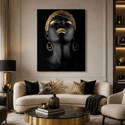 quadro purezza gold stampa su tela volto femminile nero e oro arredamento elegante moderno