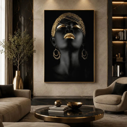 quadro purezza gold stampa su tela volto femminile nero e oro arredamento elegante moderno