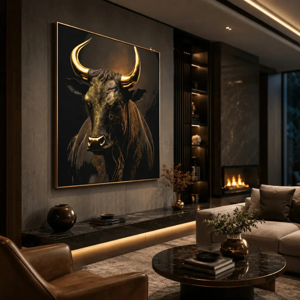 Quadro su tela 'Toro in Trame Dorate' con raffigurazione di un toro imponente e dettagli dorati, ideale per ambienti moderni ed eleganti.