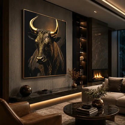 Quadro su tela 'Toro in Trame Dorate' con raffigurazione di un toro imponente e dettagli dorati, ideale per ambienti moderni ed eleganti.