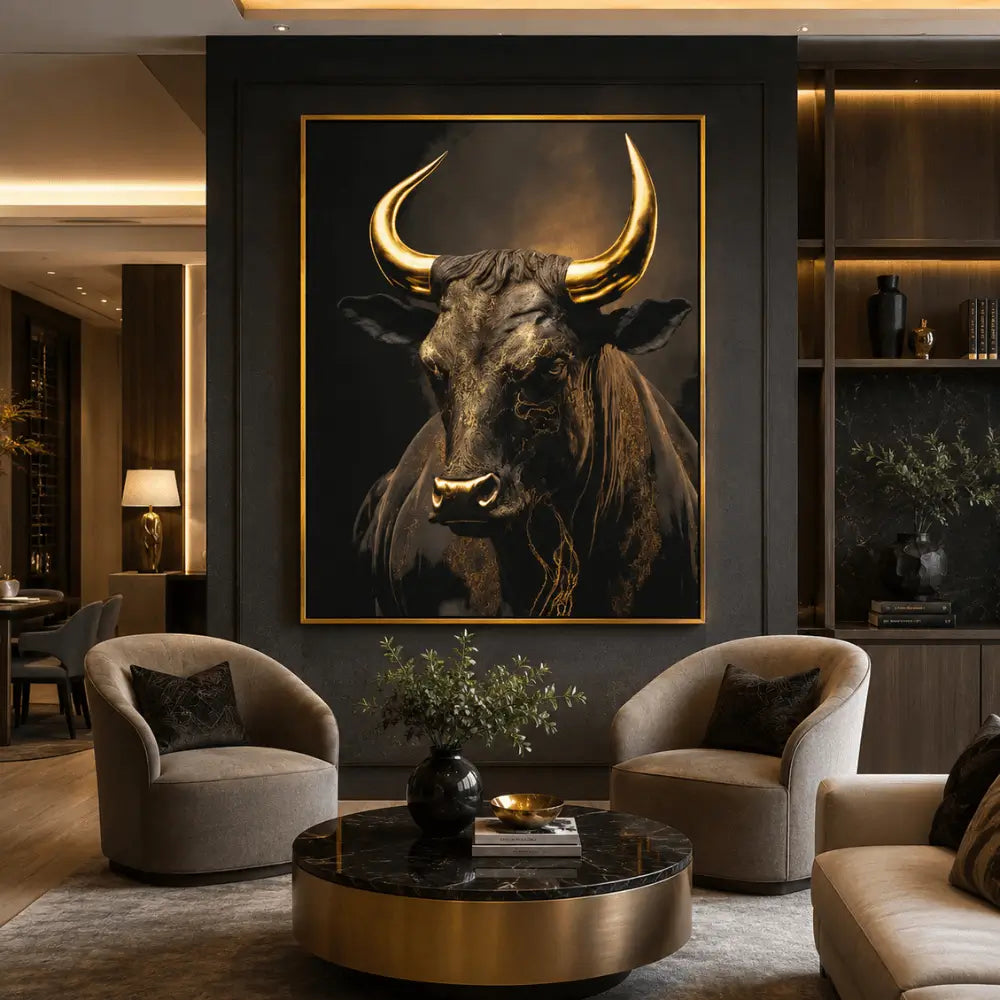 Quadro su tela 'Toro in Trame Dorate' con raffigurazione di un toro imponente e dettagli dorati, ideale per ambienti moderni ed eleganti.
