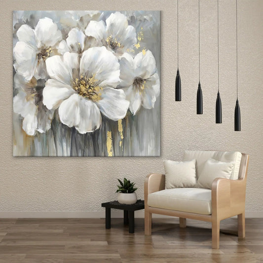 Quadro moderno con fiori stilizzati in toni bianchi e pastello