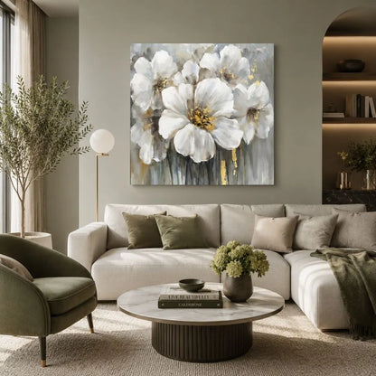 Quadro moderno con fiori stilizzati in toni bianchi e pastello