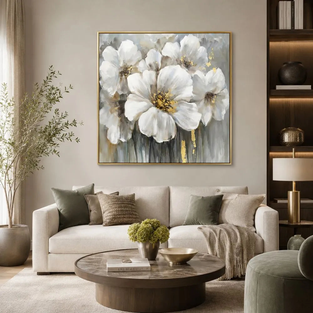 Quadro moderno con fiori stilizzati in toni bianchi e pastello