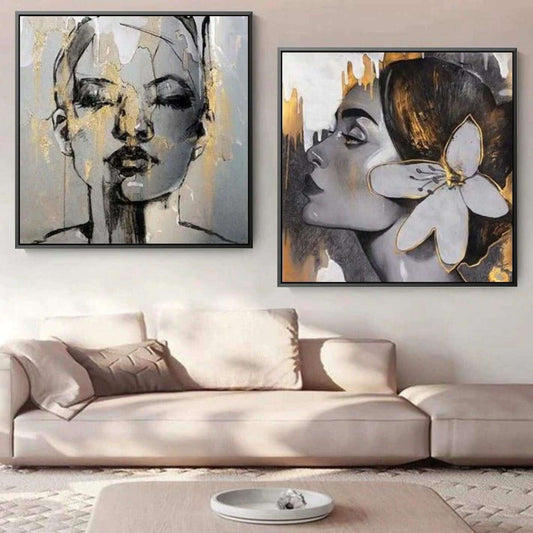 set da 2 Quadri moderni con ritratti femminili dai colori grigi e oro