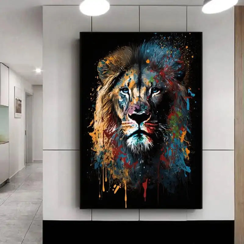 quadro su tela leone con schizzi di vernice