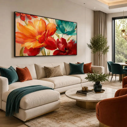 Quadro su tela Rinascita Floreale con fiori colorati e cornice nera minimal in ambiente moderno elegante