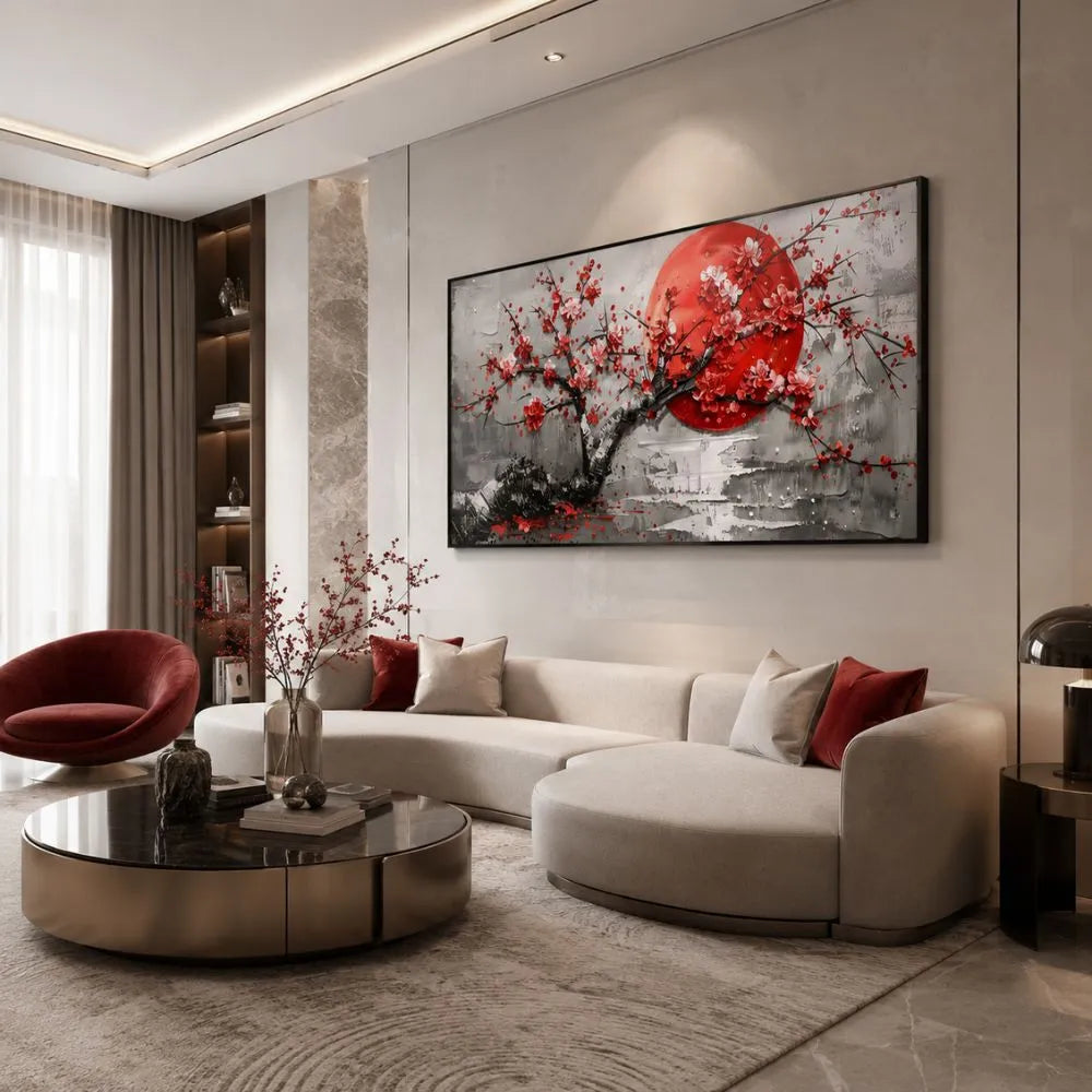 quadro rinascita sakura stampa su tela giapponese albero fiorito rosso arredamento elegante soggiorno moderno