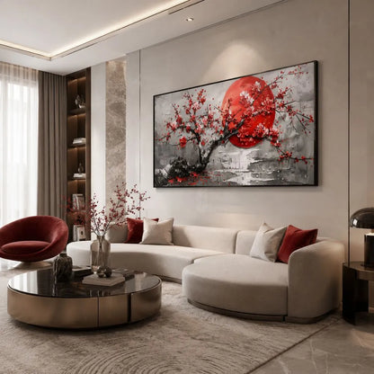 quadro rinascita sakura stampa su tela giapponese albero fiorito rosso arredamento elegante soggiorno moderno