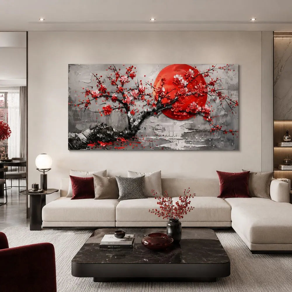 quadro rinascita sakura stampa su tela giapponese albero fiorito rosso arredamento elegante soggiorno moderno