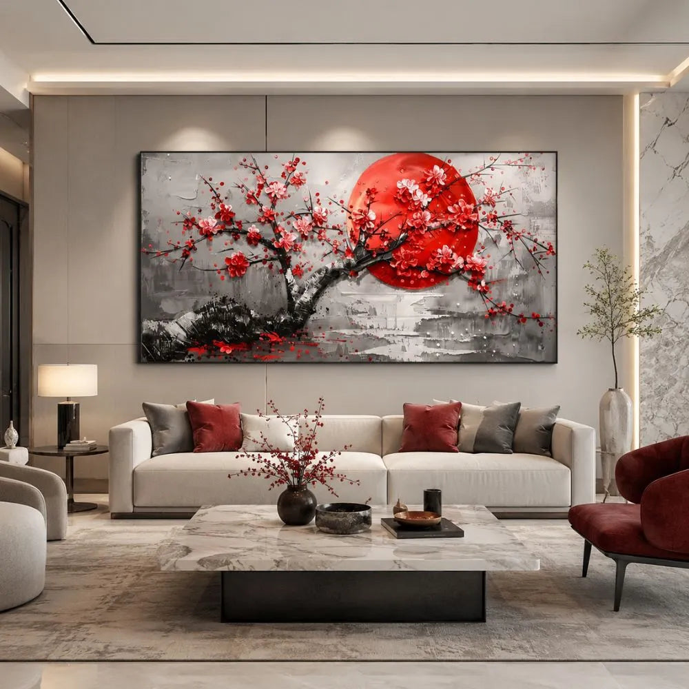 quadro rinascita sakura stampa su tela giapponese albero fiorito rosso arredamento elegante soggiorno moderno