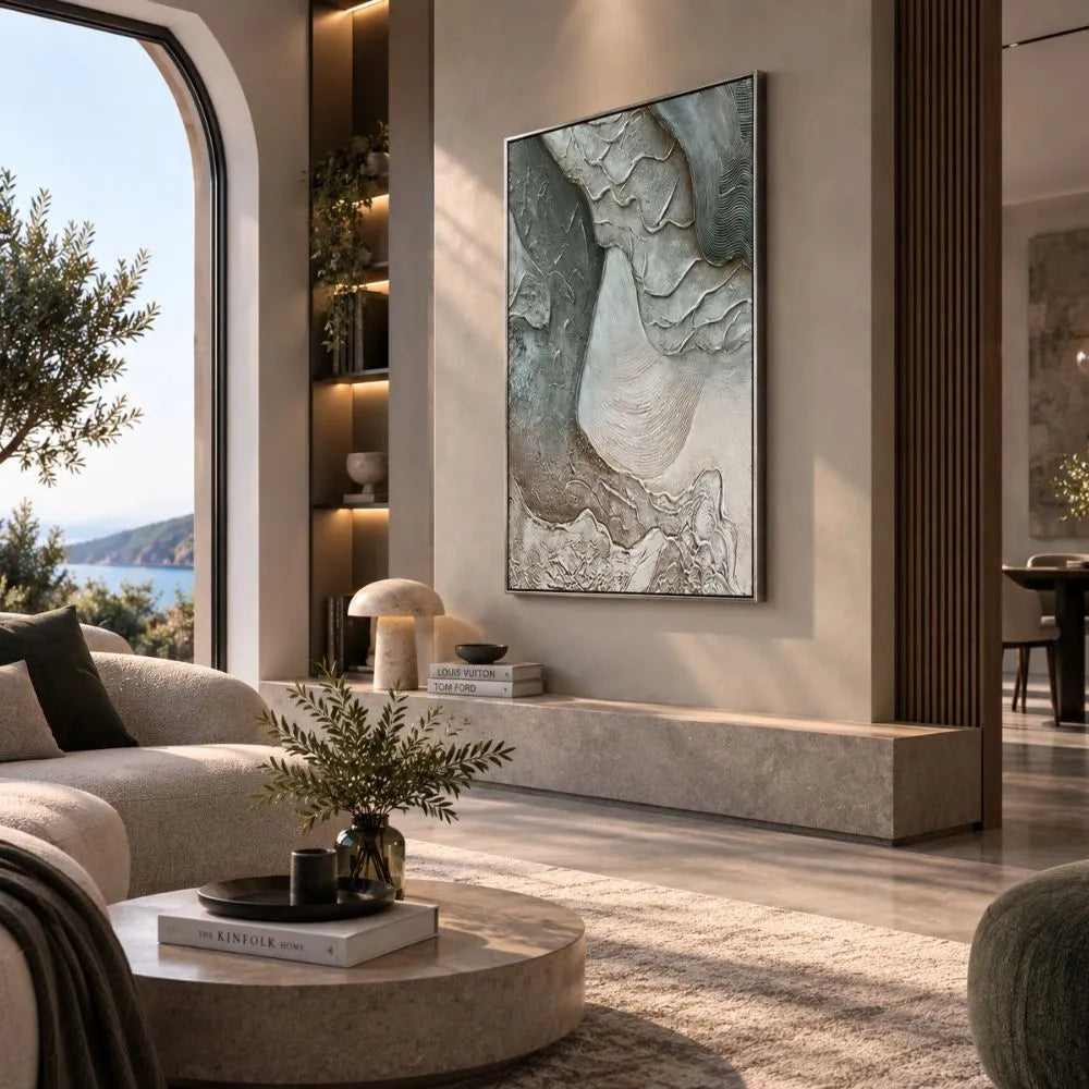 Quadro Risonanza Astratta con forme astratte verde salvia e tonalità neutre, stampa su tela moderna in soggiorno elegante con cornice argento visione  laterale