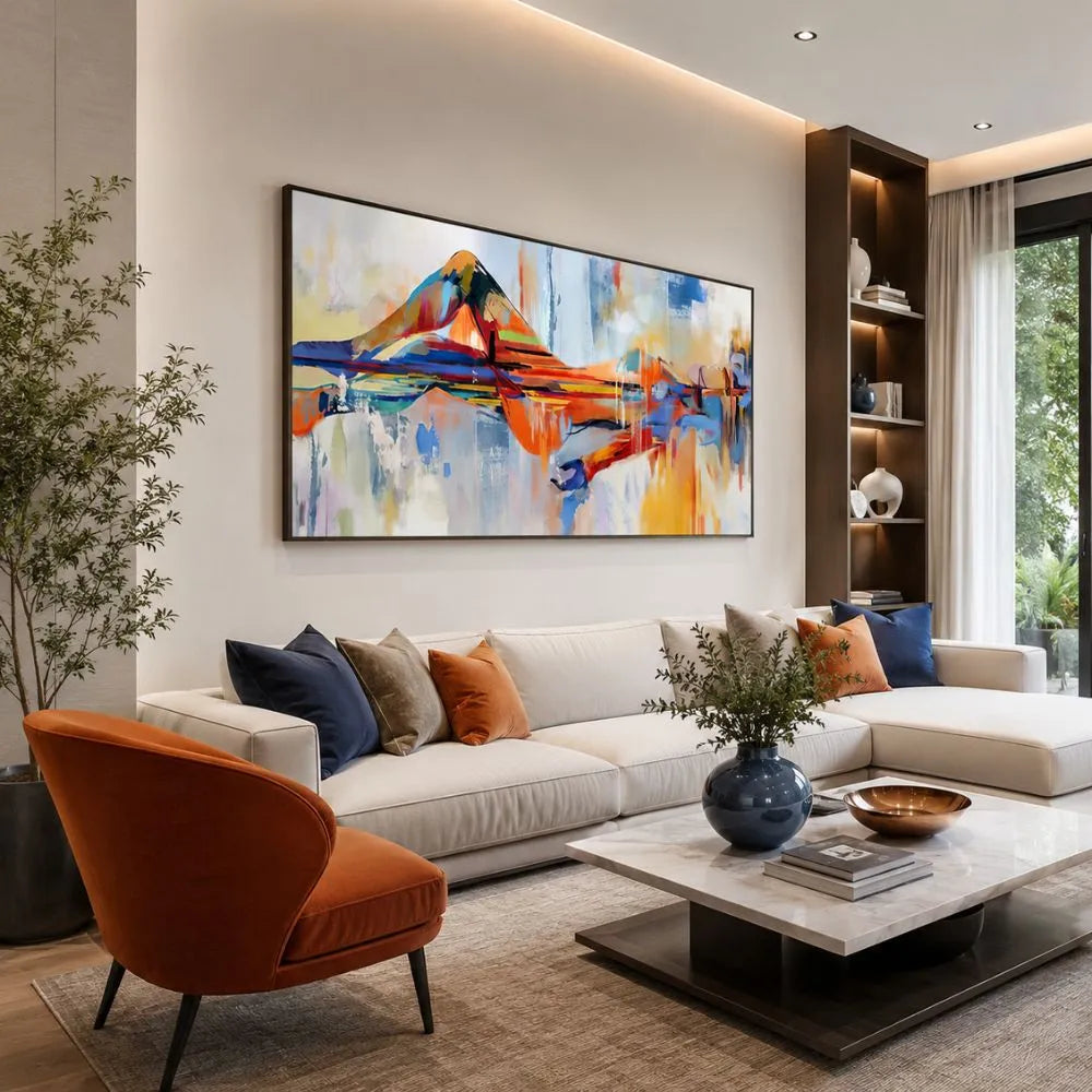 Sensualità sospesa Quadro su tela con cornice nera astratta moderna colorata per soggiorno contemporaneo, visione laterale