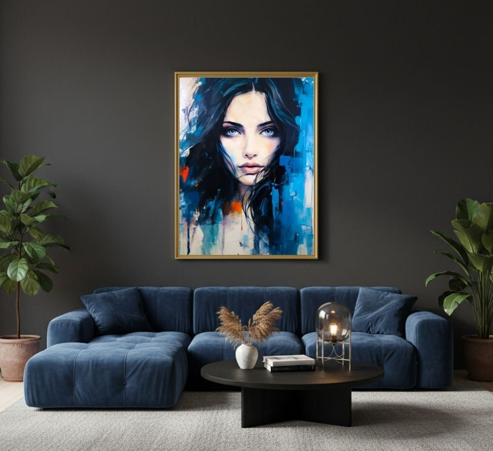 Quadro su tela moderno con volto femminile intenso nei toni blu e azzurro