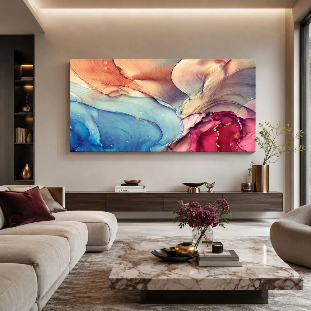 Quadro su tela Sinfonia di Colori con effetto astratto fluido nei toni blu, rosa, pesca e rosso, ideale per soggiorno moderno elegante