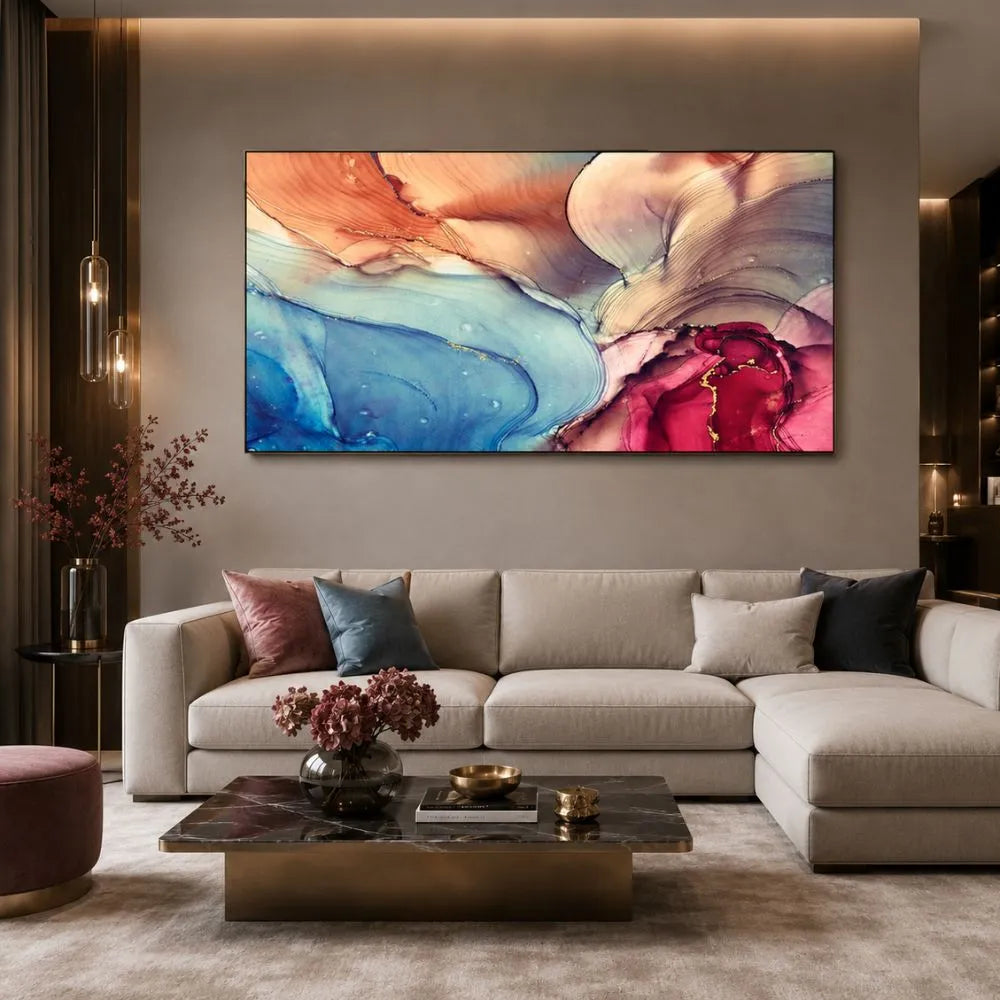 Quadro su tela Sinfonia di Colori con effetto astratto fluido nei toni blu, rosa, pesca e rosso, ideale per soggiorno moderno elegante