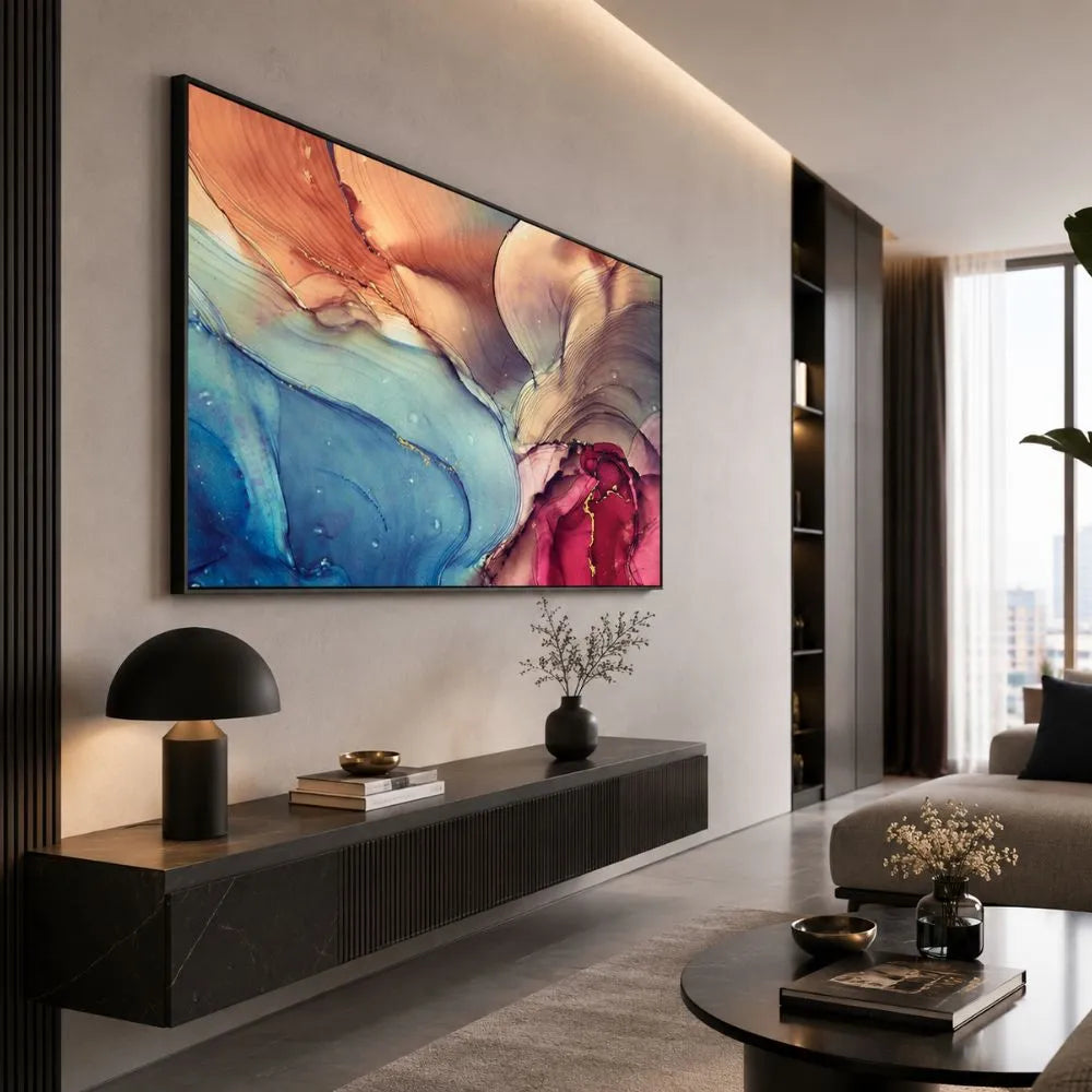 Quadro su tela Sinfonia di Colori con effetto astratto fluido nei toni blu, rosa, pesca e rosso, ideale per soggiorno moderno elegante