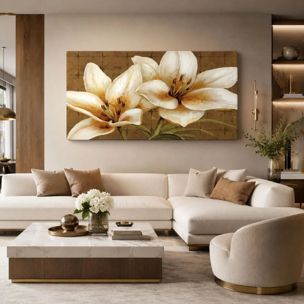 Quadro su tela Sinfonia di Petali con fiori bianchi e dettagli oro, ideale per soggiorno moderno elegante