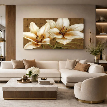 Quadro su tela Sinfonia di Petali con fiori bianchi e dettagli oro, ideale per soggiorno moderno elegante