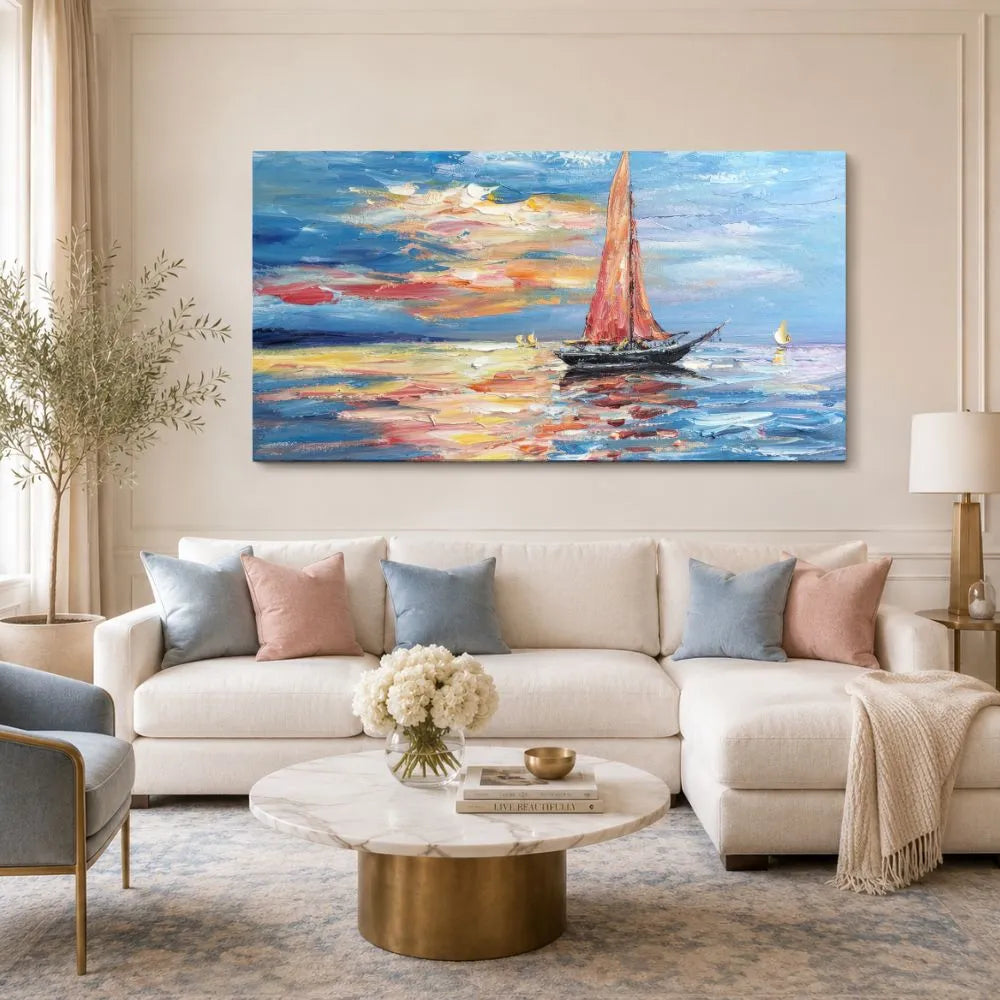 Quadro su tela Solenne Tranquillità con barca a vela e paesaggio marino, ideale per soggiorno moderno elegante