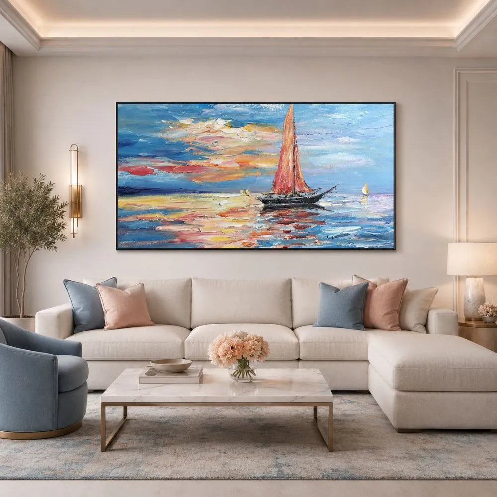 Quadro su tela Solenne Tranquillità con barca a vela e paesaggio marino, ideale per soggiorno moderno elegante