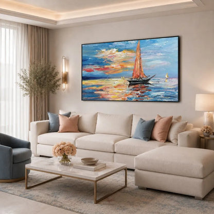 Quadro su tela Solenne Tranquillità con barca a vela e paesaggio marino, ideale per soggiorno moderno elegante