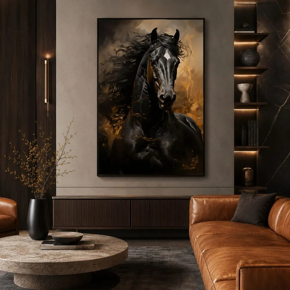 quadro spirito indomabile cavallo nero stampa su tela moderna elegante arredamento soggiorno ufficio