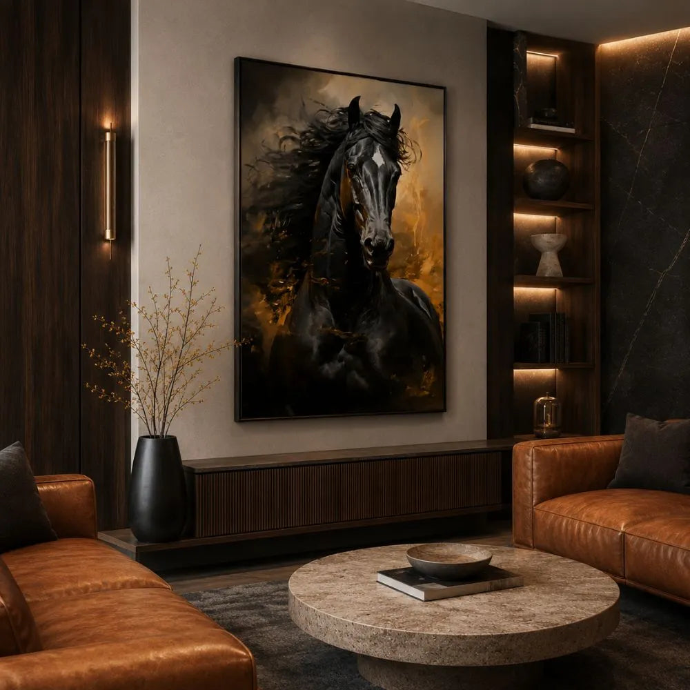 quadro spirito indomabile cavallo nero stampa su tela moderna elegante arredamento soggiorno ufficio