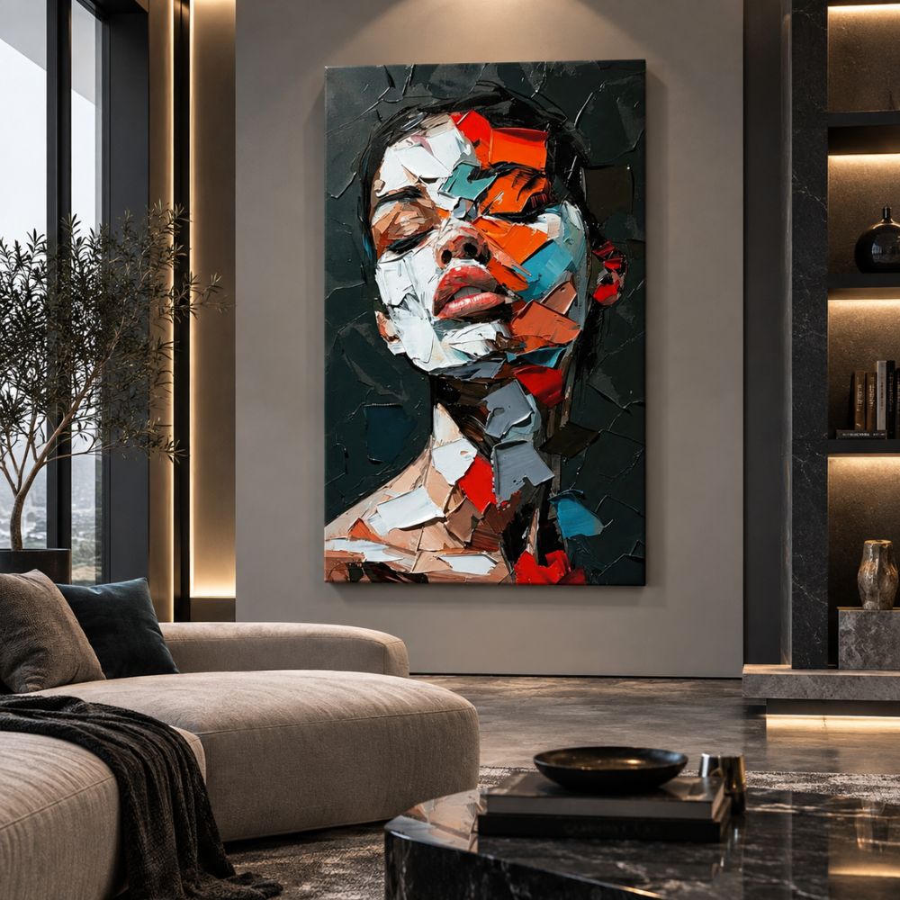 Sussurro Astratto quadro moderno su tela con volto femminile astratto nei toni rosso, nero, bianco e azzurro per soggiorno moderno