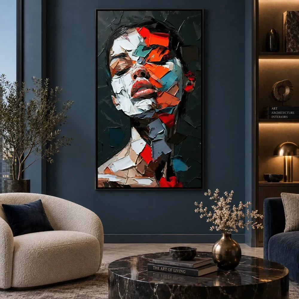 Sussurro Astratto quadro moderno su tela con cornice nera di un volto femminile astratto nei toni rosso, nero, bianco e azzurro per soggiorno moderno