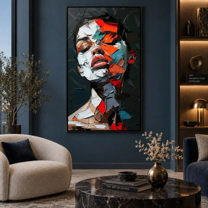 Sussurro Astratto quadro moderno su tela con cornice nera di un volto femminile astratto nei toni rosso, nero, bianco e azzurro per soggiorno moderno